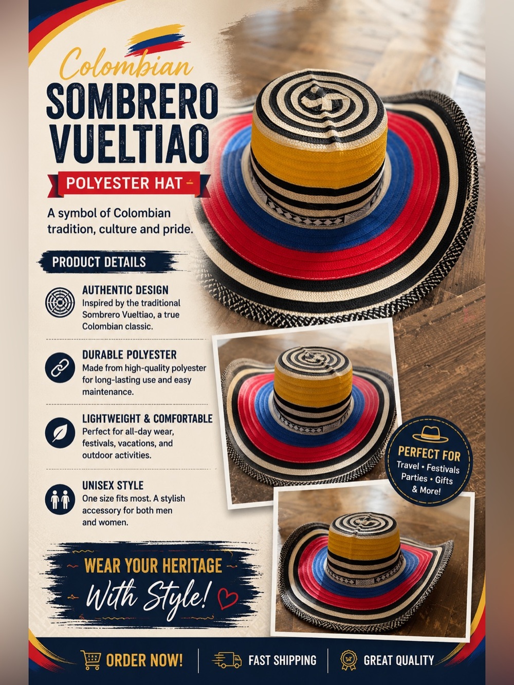 Sombrero Vueltiao / Colombian hat  - Yellow, Blue & Red